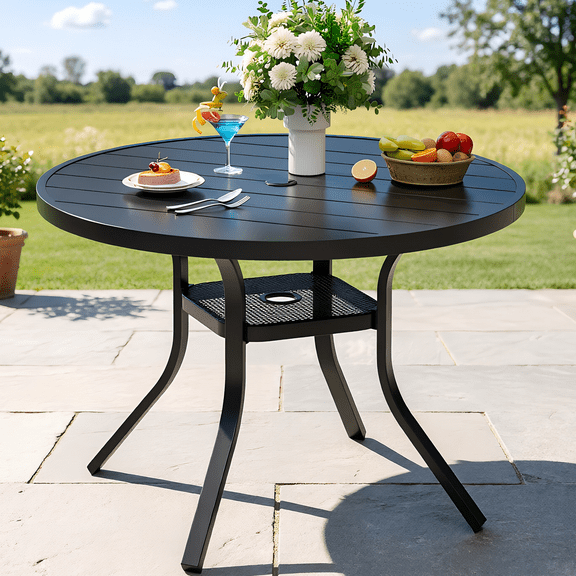 SOLAURA 41" Round Outdoor Patio Table with 1.57" Umbrella Hole, Metal Outdoor Patio Dining Table for Backyards, Porches, Gardens or Poolside, Black
