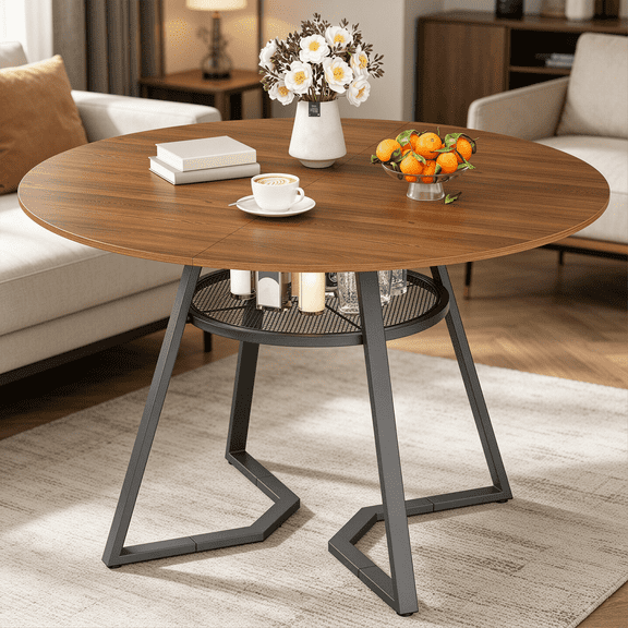 SOLAURA 47.2" Round Dining Table for 4, Kitchen Table with Storage Shelf, Wood Top and Sturdy Metal Legs, Circle Dining Table for Dining Room and Kitchen, Dark Brown