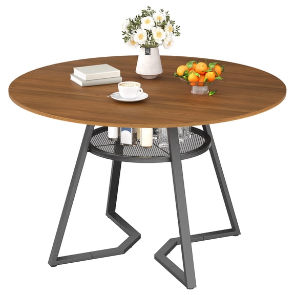 SOLAURA 47.2" Round Dining Table for 4, Kitchen Table with Storage Shelf, Wood Top and Sturdy Metal Legs, Circle Dining Table for Dining Room and Kitchen, Dark Brown