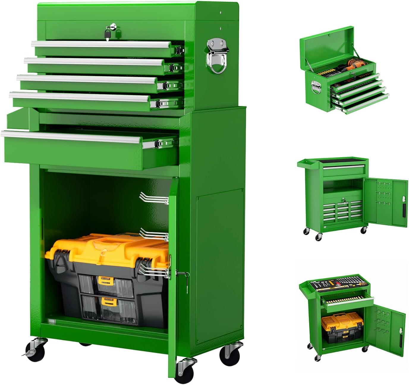 SOLAURA 5-Drawer Rolling Tool Chest with Detachable Top Box, Metal Tool Box with Wheels, Lockable Storage Cabinet for Warehouse, Garage, Workshop, Barbershop, Green