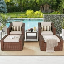 SOLAURA 5-Piece Outdoor Furniture Set Patio Wicker Conversation Set with Lounge Chairs & Ottomans, Brown