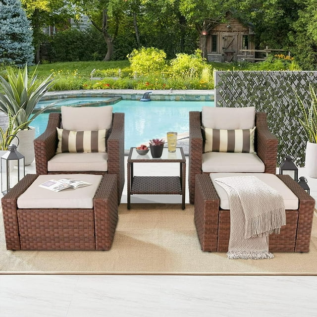 SOLAURA 5-Piece Outdoor Furniture Set Patio Wicker Conversation Set with Lounge Chairs & Ottomans, Brown
