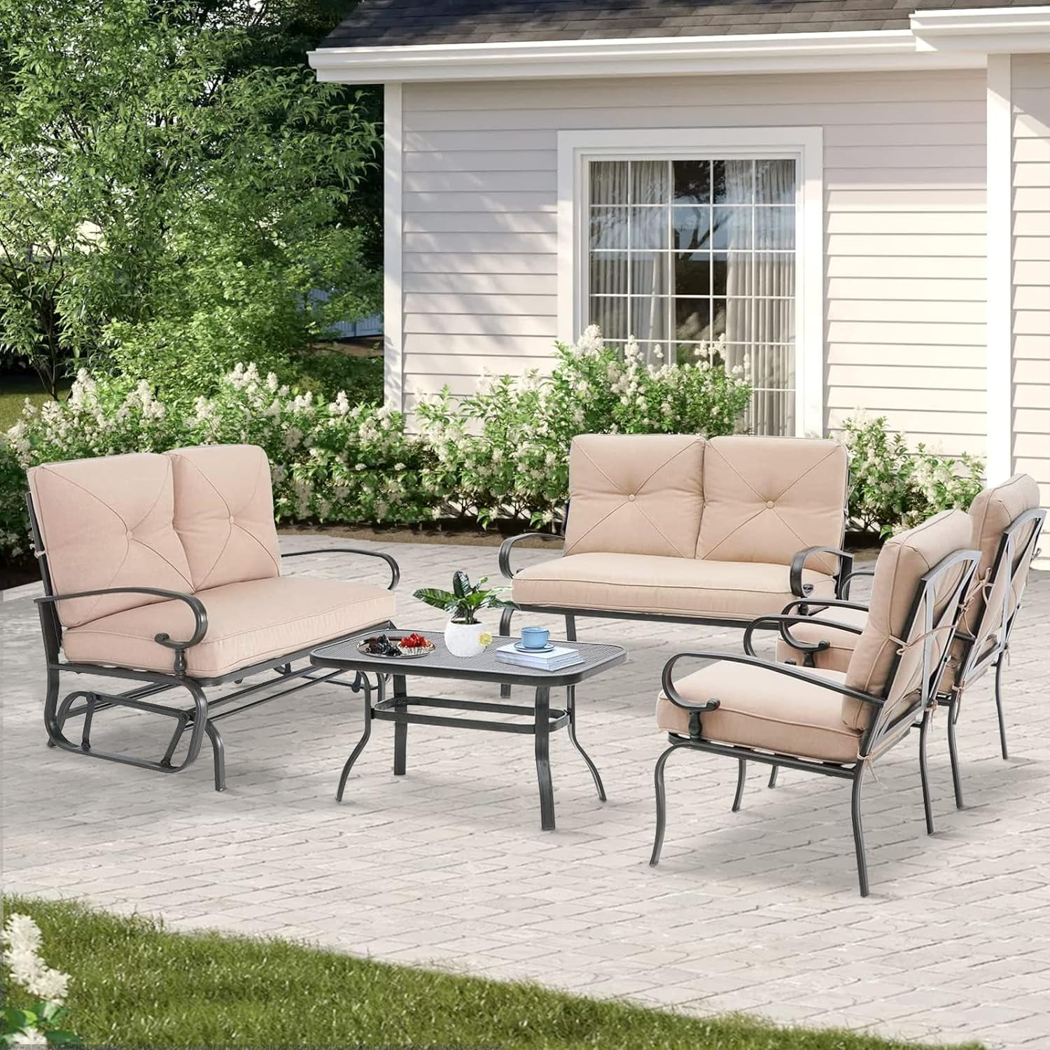 SOLAURA 5 Piece Outdoor Metal Furniture Set Patio Wrought Iron Conversation Set Patio Swing Glider 2 Patio Chairs Loveseat with Coffee Table