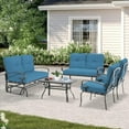 thumbnail image 1 of SOLAURA 5-Piece Outdoor Metal Furniture Set Patio Wrought Iron Conversation Set (Patio Swing Glider, 2 Patio Chairs, Loveseat with Coffee Table), Peacock Blue, 1 of 6