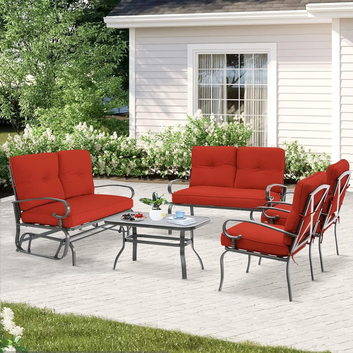 SOLAURA 5-Piece Outdoor Metal Furniture Set Patio Wrought Iron Conversation Set (Patio Swing Glider, 2 Patio Chairs, Loveseat with Coffee Table), Red