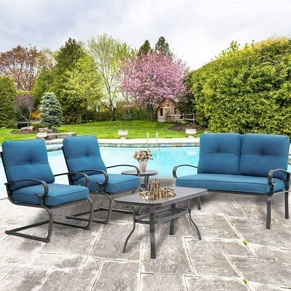 SOLAURA 5-Piece Outdoor Patio Conversation Set with Metal Loveseat, Spring Chairs and Table, Peacock Blue
