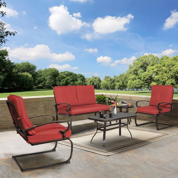 SOLAURA 5-Piece Outdoor Patio Conversation Sets with Metal Loveseat and Spring Chairs, Red