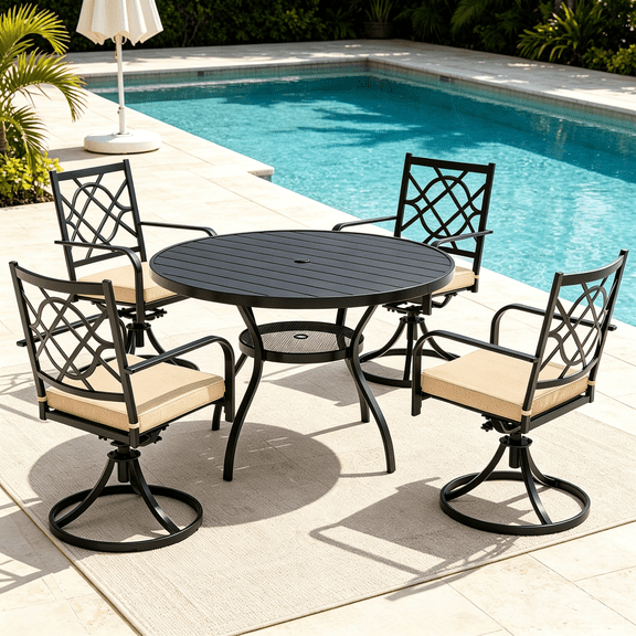 SOLAURA 5 Piece Outdoor Patio Dining Set, 41" Round Table with Umbrella Hole & 4 Outdoor Swivel Dining Chairs with Brown Cushions, Metal Patio Furniture Set for Backyard, Deck, Garden