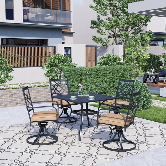 SOLAURA 5 Piece Outdoor Patio Dining Set, Metal Furniture Set: Square Dining Table with Umbrella Holes & 4 Swivel Chairs for Backyard, Garden, Balcony