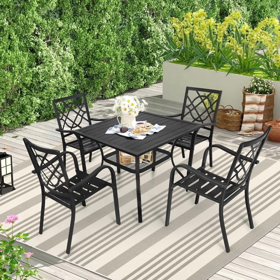 SOLAURA 5-Piece Outdoor Patio Dining Set Metal Square Table and Stackable Chairs Set for 4-Person, Black