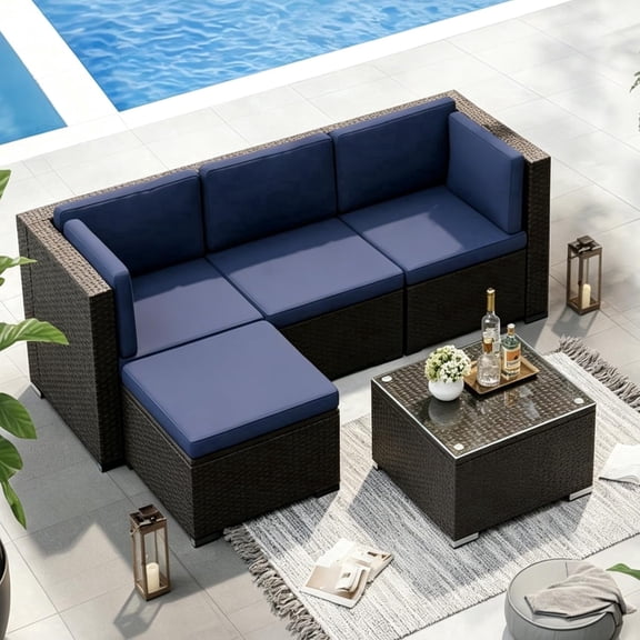 SOLAURA 5-Piece Outdoor Patio Furniture Sofa Set, Rattan Wicker Sectional Sofa with Ottoman, Glass Coffee Table & Cushions, Outdoor Conversation Set for Backyard, Garden, Porch, Dark Blue
