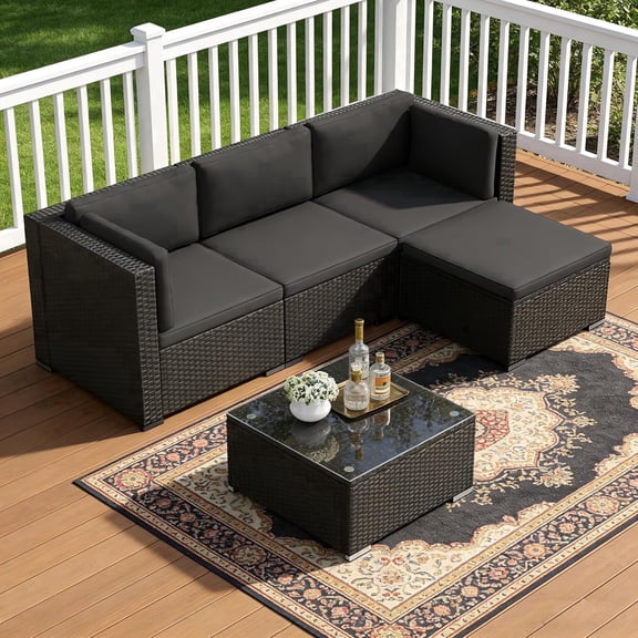 SOLAURA 5-Piece Outdoor Patio Furniture Sofa Set, Rattan Wicker Sectional Sofa with Ottoman, Glass Coffee Table & Cushions, Outdoor Conversation Set for Backyard, Garden, Porch, Grey