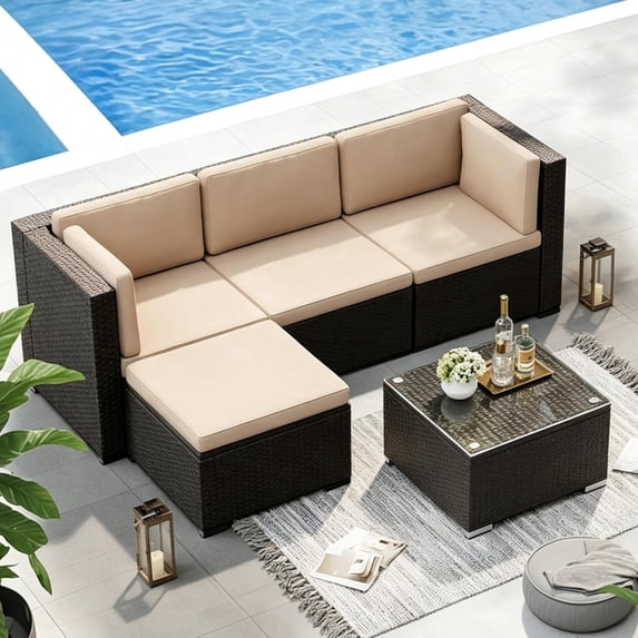 SOLAURA 5-Piece Outdoor Patio Furniture Sofa Set, Rattan Wicker Sectional Sofa with Ottoman, Glass Coffee Table & Cushions, Outdoor Conversation Set for Backyard, Garden, Porch, Brown