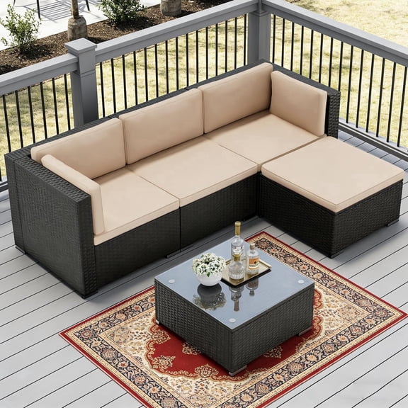 SOLAURA 5-Piece Outdoor Patio Furniture Sofa Set, Rattan Wicker Sectional Sofa with Ottoman, Glass Coffee Table & Cushions, Outdoor Conversation Set for Backyard, Garden, Porch, Brown