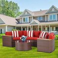 thumbnail image 1 of SOLAURA 5-Piece Patio Furniture Sectional Half-Moon Set, Brown Wicker Conversation Sofa Set with Red Cushions & Glass Coffee Table, 1 of 7