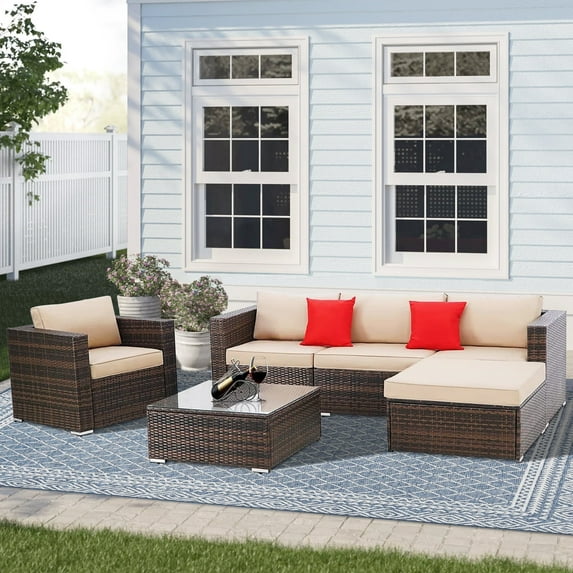 SOLAURA 6-Piece Outdoor Patio Conversation Set Wicker Sectional Sofa - Brown