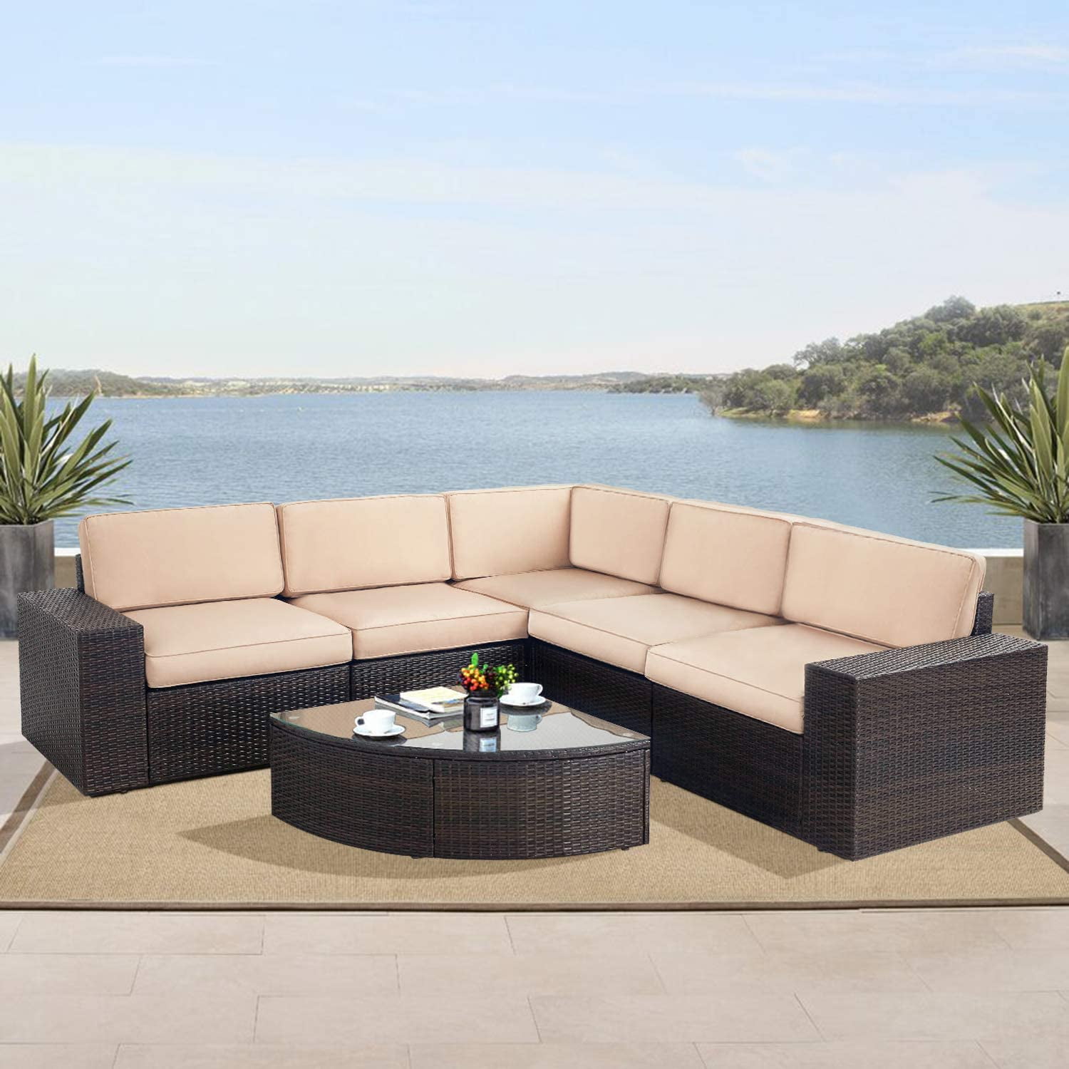 SOLAURA 6 Piece Patio Furniture Outdoor Conversation Set Patio All Weather Wicker Sectional Sofa with Glass Coffee Table and Brown Cushions Walmart
