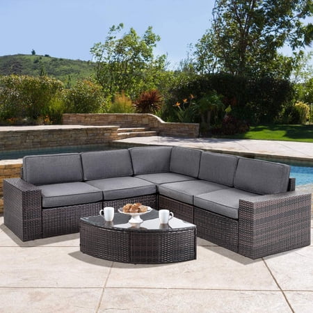 SOLAURA 6-Piece Patio Furniture Outdoor Conversation Set Patio All-Weather Wicker Sectional Sofa with Glass Coffee Table and Gray Cushions