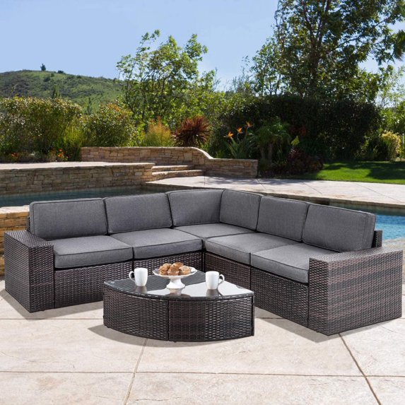 SOLAURA 6-Piece Patio Furniture Outdoor Conversation Set Patio All-Weather Wicker Sectional Sofa with Glass Coffee Table and Gray Cushions