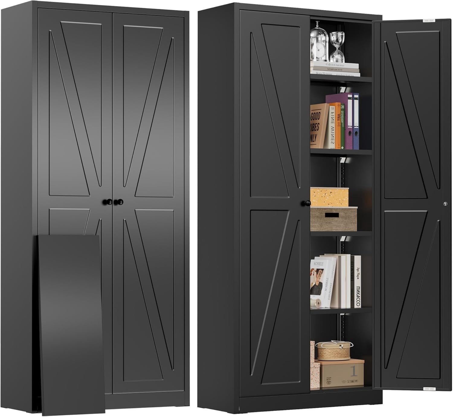 SOLAURA 63" H Farmhouse Metal Kitchen Pantry Cabinet, Pantry Storage Cabinets with 2 Barn Doors and 4 Adjustable Shelves for Kitchen, Living Room, Bedroom, Dining Room, Home(Black)