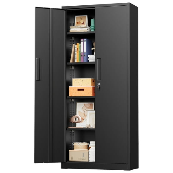 SOLAURA 63"H Metal Garage Storage Cabinet with Locking Doors and 4 Adjustable Shelves, Lock Storage Cabinet for Home Office, Garage, Shop (Black)