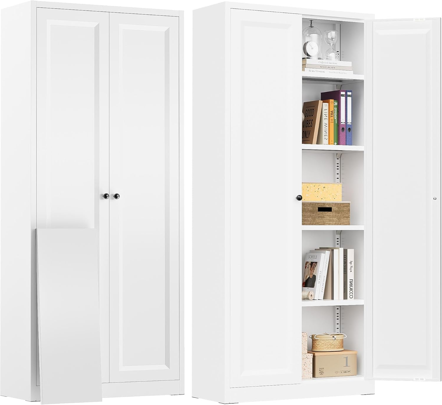 SOLAURA 63" H Modern Metal Kitchen Pantry Cabinet, Pantry Storage Cabinets with 4 Adjustable Shelves for Kitchen, Living Room, Bedroom, Dining Room, Home(White)