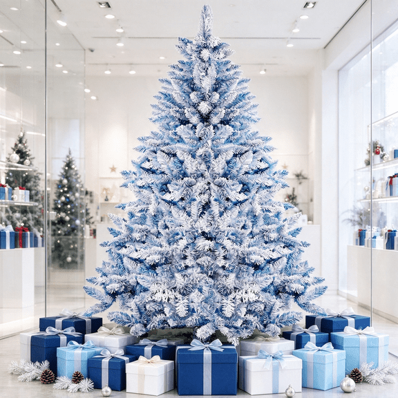 SOLAURA 6ft Blue Unlit Christmas Tree, Snow Flocked Hinged Artificial Xmas Tree, with Metal Stand and 800 Branch Tips for Seasonal Holiday Decoration