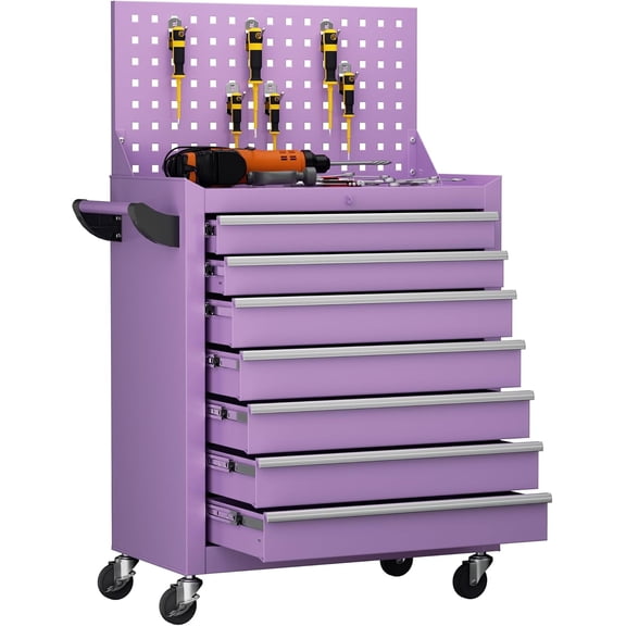 SOLAURA 7-Drawer Rolling Tool Chest with Top Pegboard, Metal Tool Box with Wheels and Handle for Garage, Workshop, Warehouse, Purple