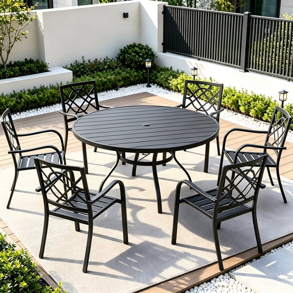 SOLAURA 7 Piece Outdoor Patio Dining Set, 53" Round Dining Table with Umbrella Holes & 6 Stackable Backyard Garden Chairs, Metal Patio Furniture Set for Backyard, Deck, Garden