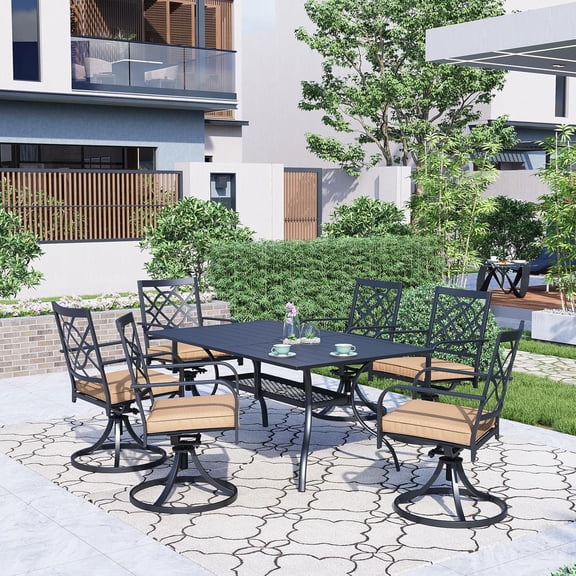 SOLAURA 7 Piece Outdoor Patio Dining Set, Metal Furniture Set: Rectangular Dining Table with Umbrella Holes & 6 Swivel Chairs for Backyard, Garden, Balcony