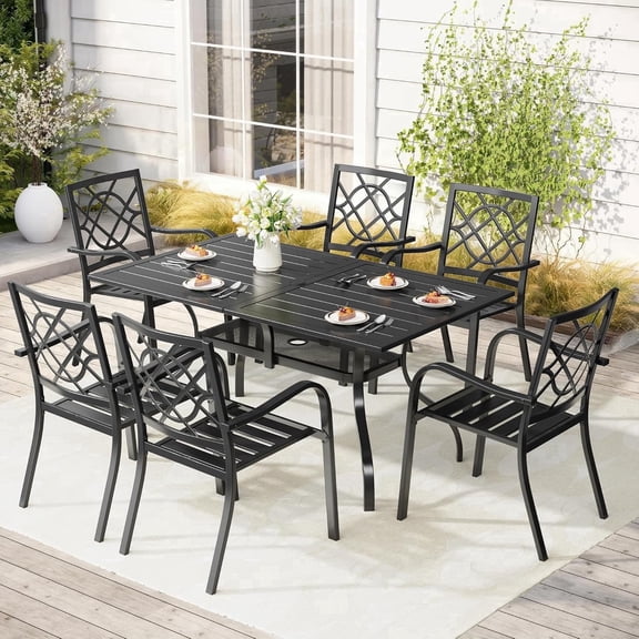 SOLAURA 7 Piece Outdoor Patio Dining Set, Metal Furniture Set Rectangular Dining Table with Umbrella Holes & 6 Stackable Backyard Garden Chairs