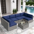 thumbnail image 1 of SOLAURA 7-Piece Outdoor Patio Furniture Sofa Set, Gray Wicker Rattan Sectional Sofa Conversation Set  with Glass Coffee Table and Cushions, Navy Blue, 1 of 7
