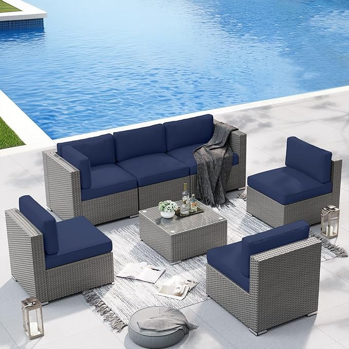 SOLAURA 7 Piece Outdoor Patio Furniture Gray Wicker Sectional Sofa Conversation Set Navy Blue