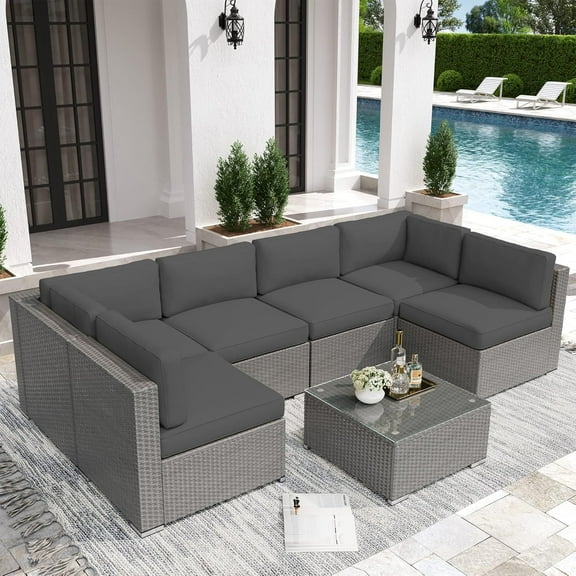 SOLAURA 7 Piece Outdoor Patio Furniture Sofa Set, Gray Wicker Sectional Sofa Conversation Set with Glass Coffee Table and Cushions(Gray)
