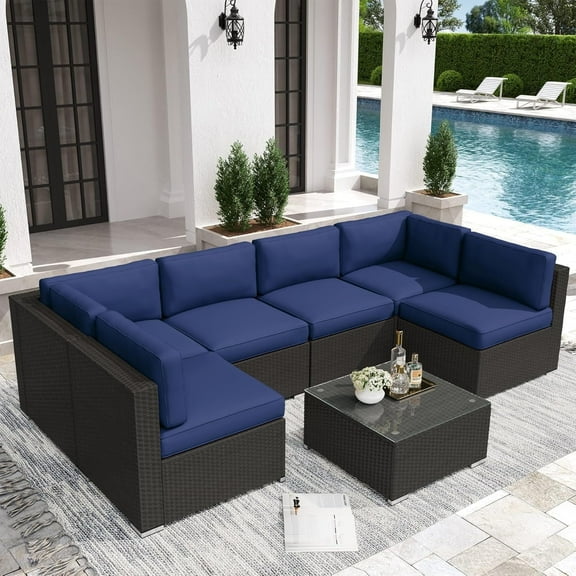 SOLAURA 7-Piece Outdoor Patio Furniture Set Wicker Rattan Sectional Sofa Patio Conversation Sets, Dark Blue