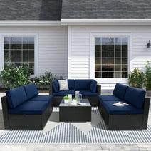 SOLAURA 7-Piece Outdoor Patio Furniture Set Wicker Rattan Sectional Sofa Patio Conversation Sets, Dark Blue
