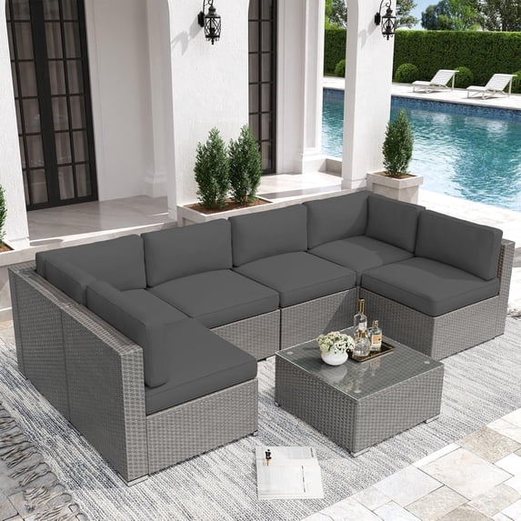 SOLAURA 7 Piece Outdoor Patio Furniture Sofa Set, Gray Wicker Rattan Sectional Sofa Conversation Set with Glass Coffee Table and Cushions(Gray)