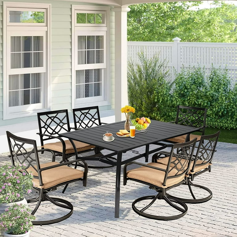 SOLAURA 7 Piece Outdoor Patio Metal Dining Set Swivel Chairs and Rectangular Dining Table Black