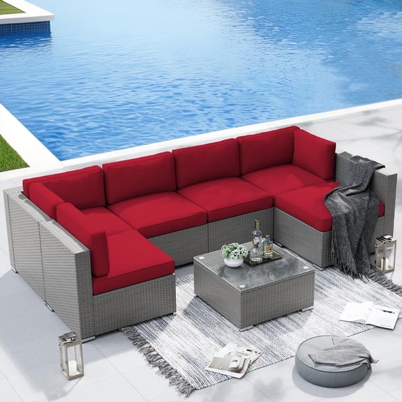SOLAURA 7-Piece Patio Furniture Outdoor Gray Wicker Sectional Sofa Set Patio Conversation Sets, Red