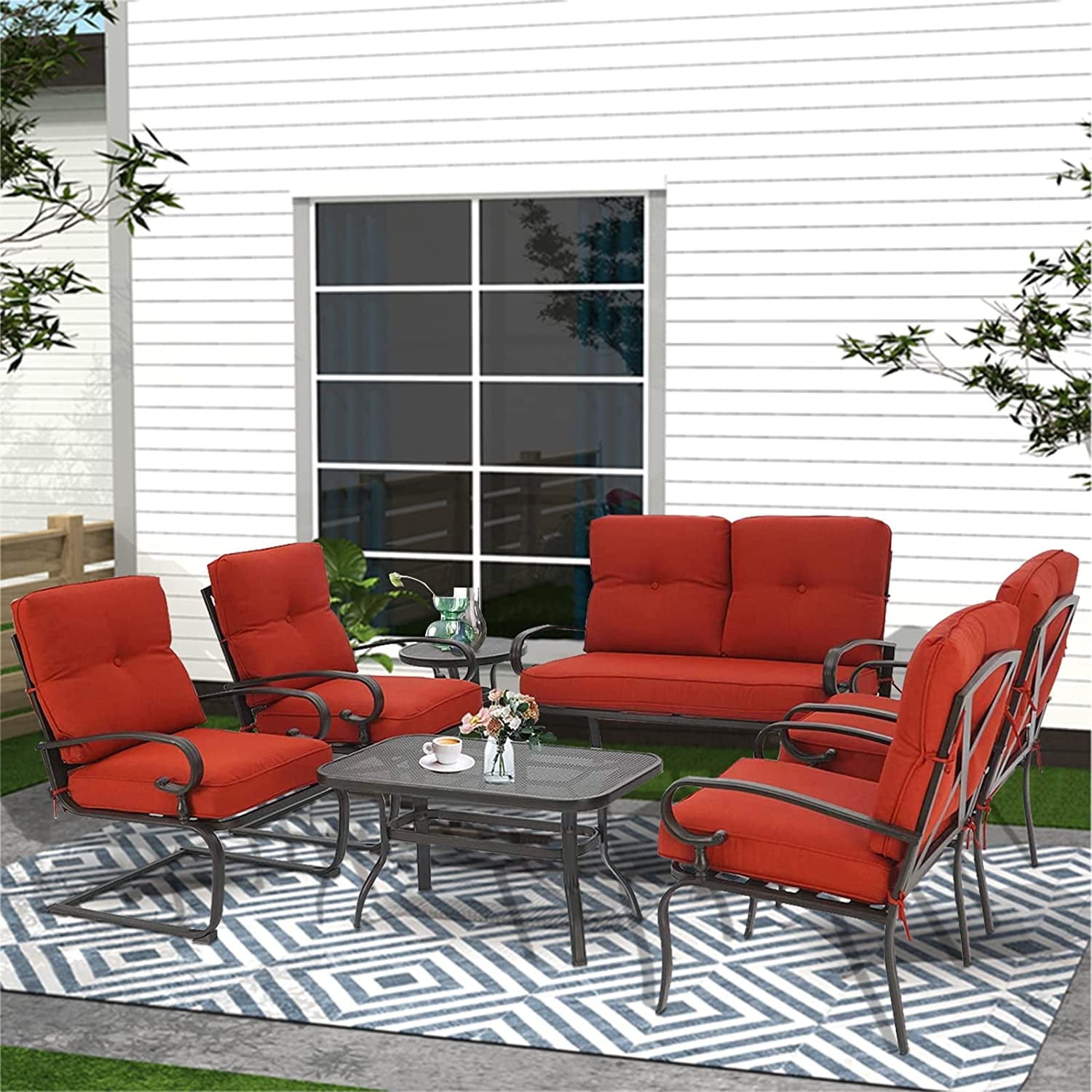 SOLAURA 7-Piece Patio Furniture Outdoor Metal Conversation Set (2 Spring Chairs, 2 Patio Chairs, Loveseat with Coffee Table and Side Table) - Red