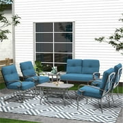 SOLAURA 7-Piece Patio Furniture Outdoor Metal Conversation Set (2 Spring Chairs, 2 Patio Chairs, Loveseat with Coffee Table and Side Table) - Peacock Blue