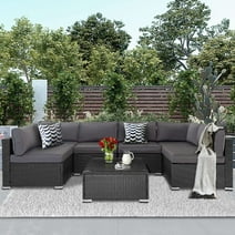 SOLAURA 7-Piece Patio Furniture Outdoor Wicker Rattan Sectional Sofa Set Conversation Set with Gray Cushions