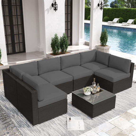 SOLAURA 7-Piece Patio Furniture Outdoor Black Wicker Rattan Sectional Sofa Set Conversation Set with Gray Cushions