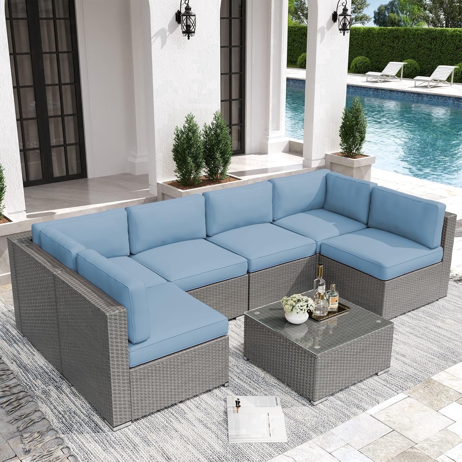 SOLAURA 7-Piece Patio furniture Outdoor  Sofa Set, Gray Wicker Rattan  Sectionals Light Blue Cushion Sofa Conversation Set with Glass Coffee Table