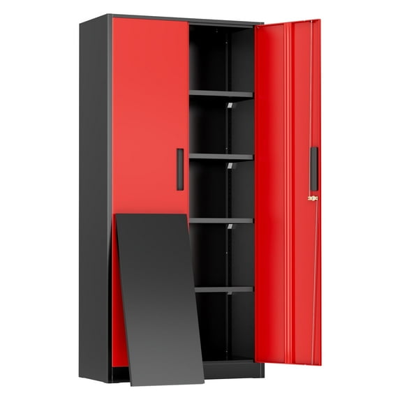 SOLAURA 71" H Metal Storage Cabinet, 32" W x 16" D Locking Metal Garage Storage Cabinet with Doors and 4 Adjustable Shelves, Lockable Cabinets for Home Office, Garage, Shop (Black Red)