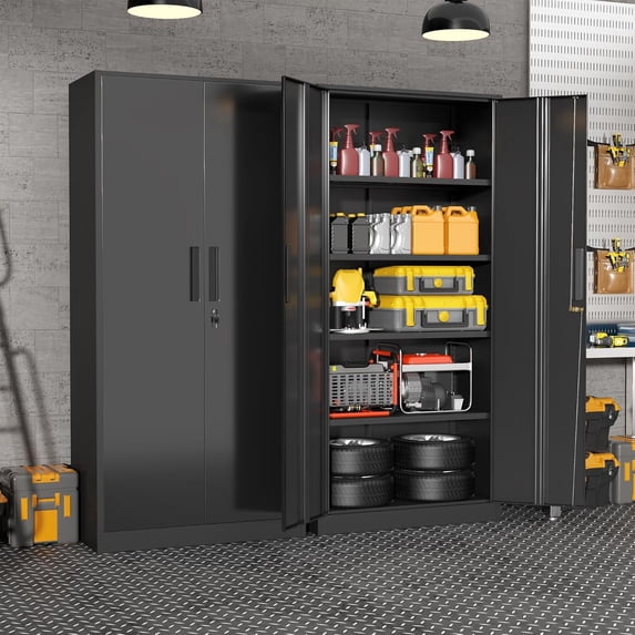 SOLAURA 71 In Metal Storage Cabinets with Locking Doors and Adjustable Shelves, Steel Storage Cabinet for Garage, Office, Classroom, Assemble Required(Black)