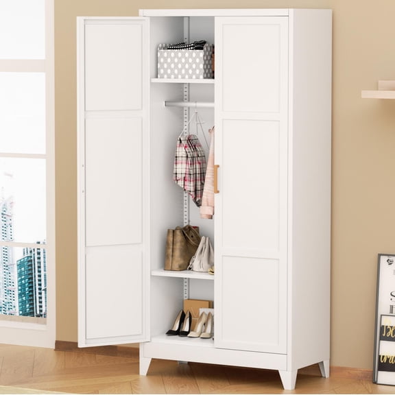 SOLAURA 71" Tall Metal Armoire Wardrobe Cabinet with 2 Doors, Wardrobe Closet with Hanging Rod and Adjustable Shelves, Freestanding Closet for Home Living/Laundry Room/Department (White)