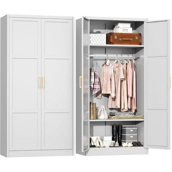 SOLAURA 71" Tall Metal Armoire Wardrobe Cabinet with 2 Doors, Wardrobe Closet with Hanging Rod and Adjustable Shelves, Freestanding Closet for Home Living/Laundry Room/Department (White)