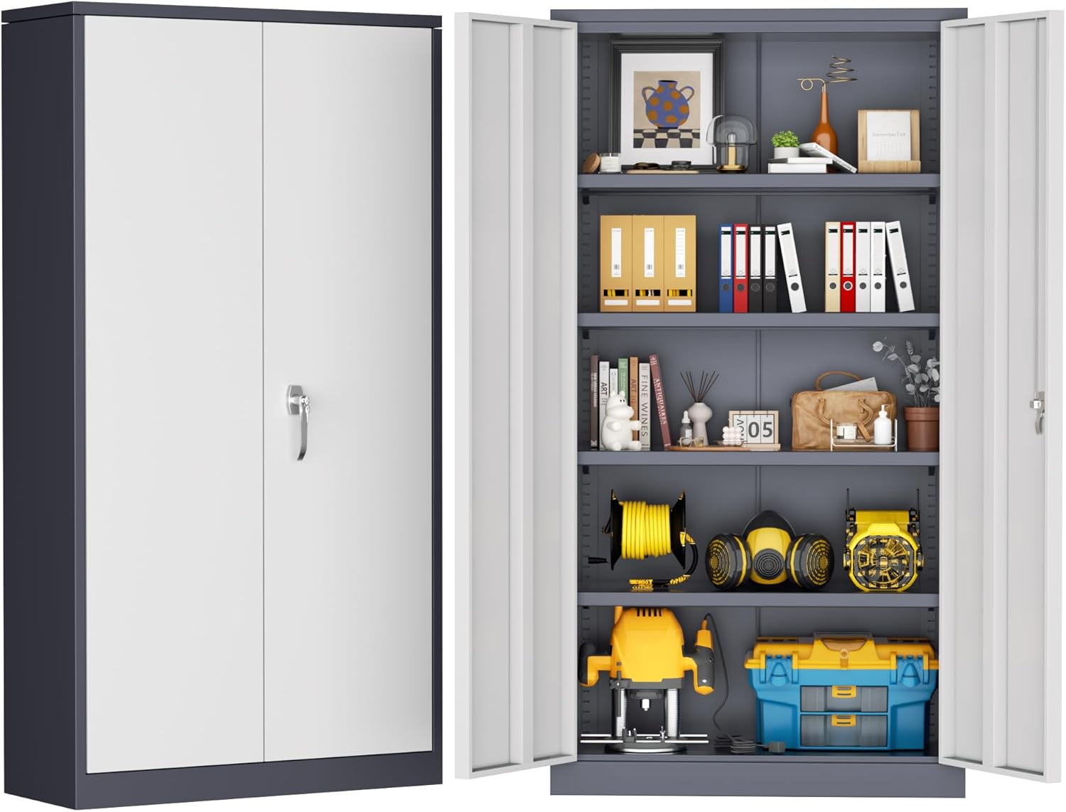 SOLAURA 72"H Metal Garage Storage Cabinet with Locking Doors and Adjustable Shelves for Home, Office(Gray White)