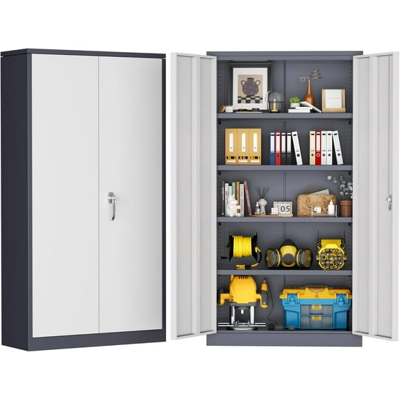 SOLAURA 72"H Metal Garage Storage Cabinet with Locking Doors and Adjustable Shelves for Home, Office(Gray White)